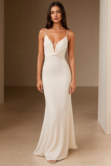 Robe de soirée sirène ivoire à bretelles spaghetti